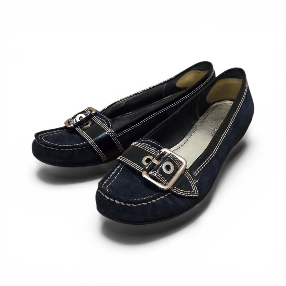 Etienne Aigner Blue Suede Leather Buckled Slip-on Loafer Flat Shoes, Women's 9.5
